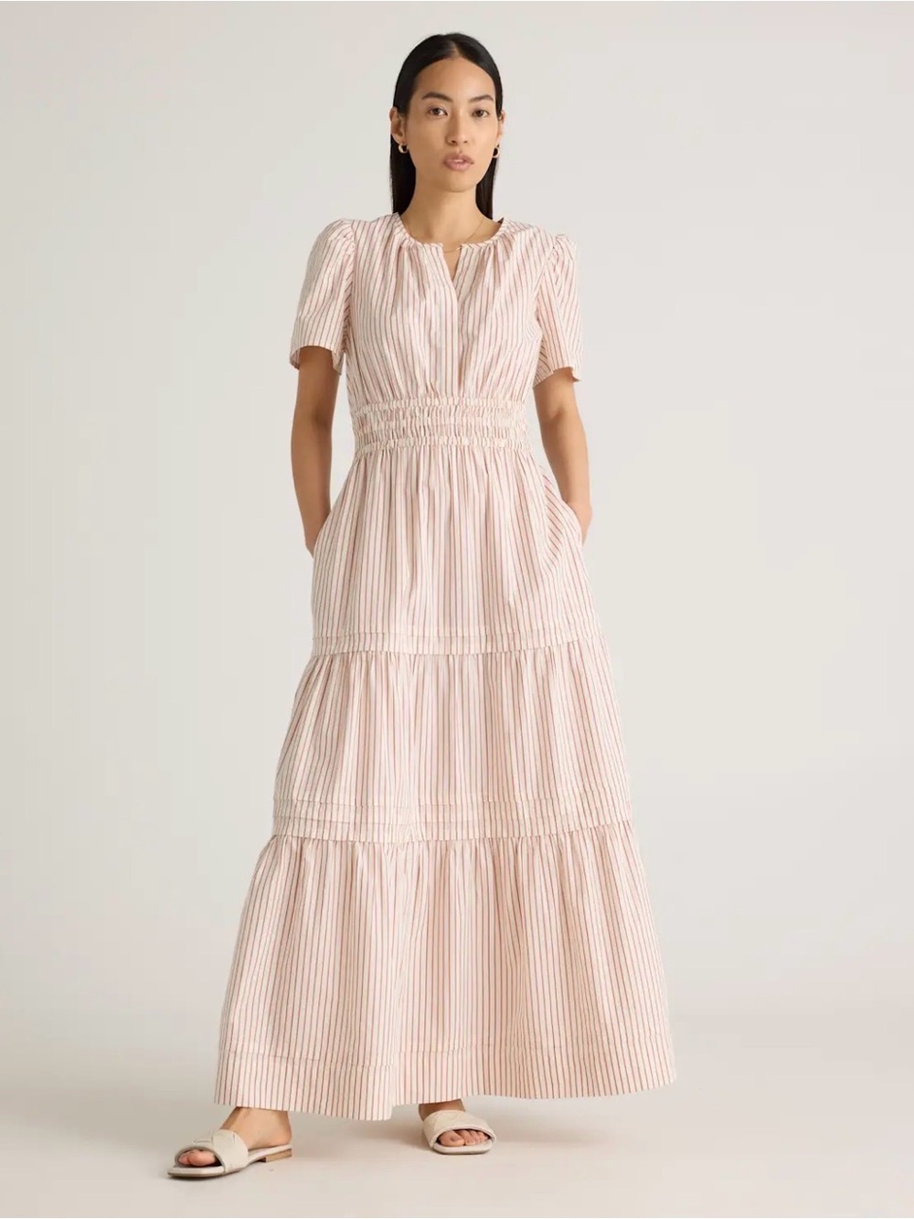 Quince Organic Cotton Poplin Tiered Maxi Dress Sizes Medium Terracotta Stripe